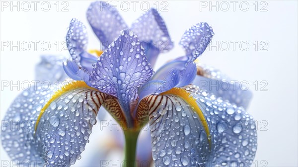 Macro shot of a blue iris flower adorned with water droplets radiating freshness, AI generated