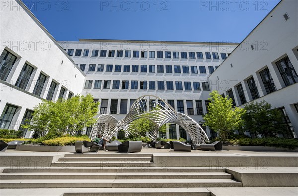 Seating area and pavilion sculpture, artwork in the inner courtyard of the TU Munich, main campus,