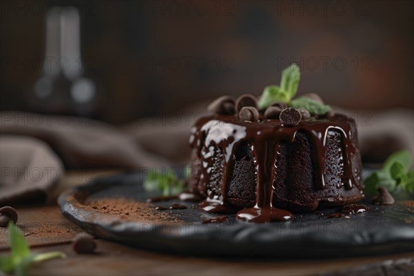 Small Chocolate lava cake with mint leaves on dark background. Generative AI, AI generated