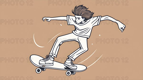 Male skateboarder in a retro design minimalist line art illustration, AI generated
