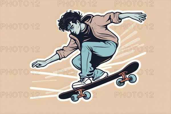 Male skateboarder in a retro design minimalist line art illustration, AI generated