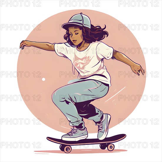 Female skateboarder in a retro design minimalist line art illustration, AI generated