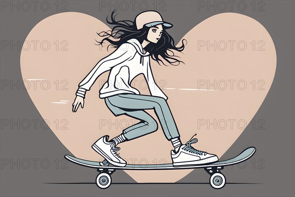 Female skateboarder in a retro design minimalist line art illustration, AI generated
