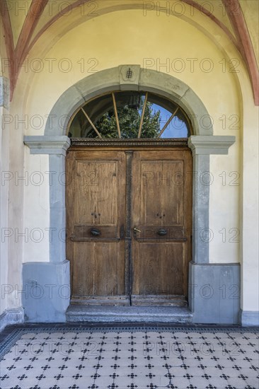 Old, wooden front door from the priory, Ittingen Charterhouse, Warth-Weiningen near Frauenfeld,