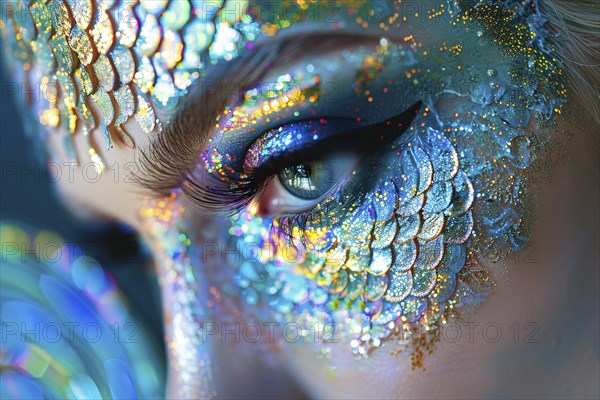 Close up of woman's beautiful eye with mermaid Halloween costume makeup. Generative AI, AI