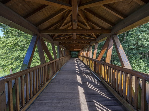 Covered wooden bridge, Baalensee bridge over the Havel between Schwedtsee and Baalensee, panoramic