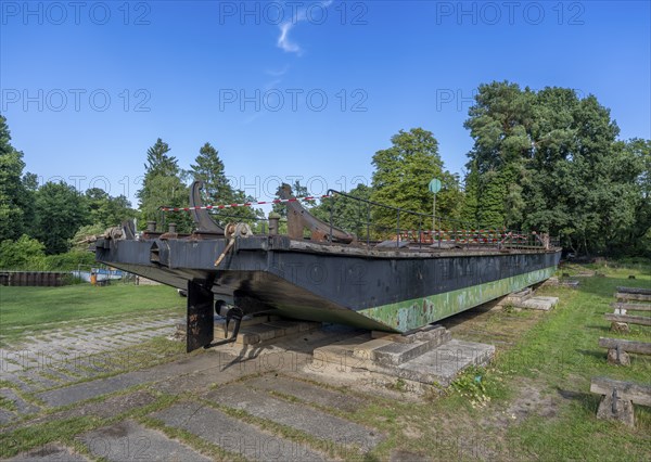 Historic railway ferry, monument on the banks of the Havel in Fürstnberg/Havel. Ferry service
