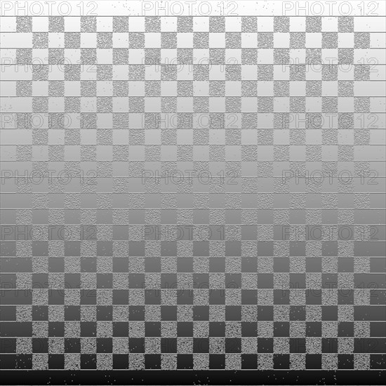 Digital art featuring a gray scale checkerboard pattern with a gradient effect and textured