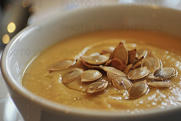 Close up of creamy pumpkin soup with seeds. Generative Ai, AI generated