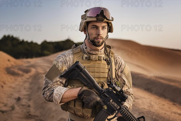 A soldier in uniform and helmet with a weapon stands in a sandy desert landscape at sunset, AI