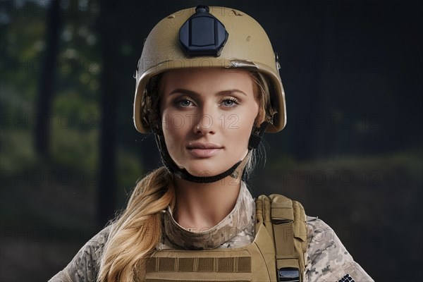 Portrait of a determined female soldier with helmet and uniform in front of a nocturnal forest