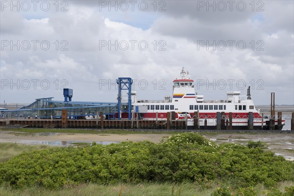 Ferryboat at the ferry terminal, harbour, Wittdün, Amrum, North Sea island, North Frisia,