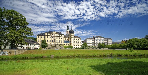 Classical Lower Castle and G. E. Lessing State School on the River Weisse Elster, residential town