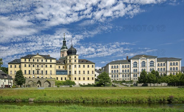 Classical Lower Castle and G. E. Lessing State School on the River Weisse Elster, residential town