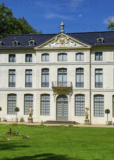 Main portal with two hunter figures, summer palace and park, residential town of Greiz, Thuringia,