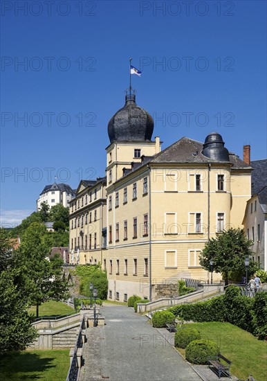 Classical Lower Castle, Upper Castle at the back, residential town of Greiz, Thuringia, Germany,