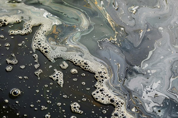Oil layer on ocean water at beach. Generative Ai, AI generated