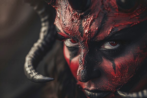 Close up of woman's face with evil red devil Halloween makeup costume. Generative AI, AI generated