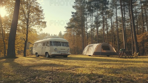 Vintage van and tent set up in a sunny morning forest for a nostalgic camping moment, AI generated