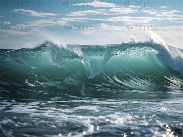 Ocean wave cresting with foam water glistening under sunlight, AI generated