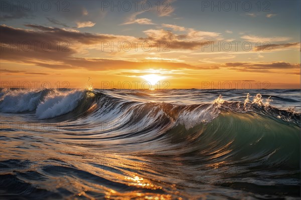 Ocean wave cresting with foam water glistening under sunlight, AI generated