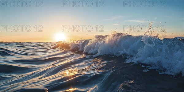 Ocean wave cresting with foam water glistening under sunlight, AI generated