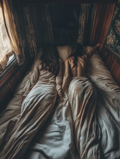 Two people lying close together in a bed in a cozy, dimly lit wood-paneled room, AI generated