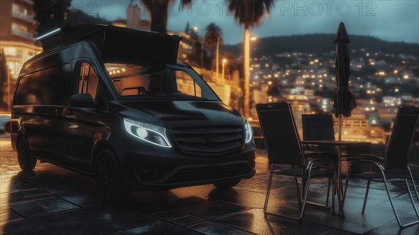 A van with its side door open parked on a wet street at night, city lights glowing in the