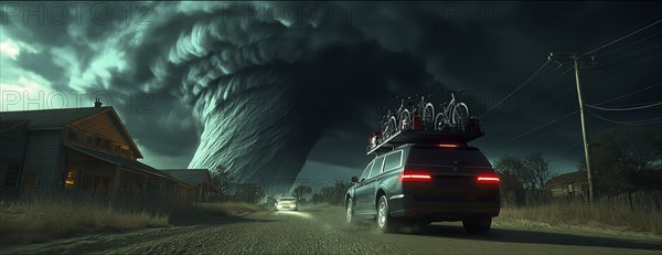 People driving away from a massive tornado with storm clouds, loading bicycles on a station wagon