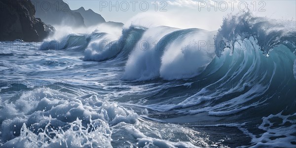 Ocean wave cresting with foam water glistening under sunlight, AI generated