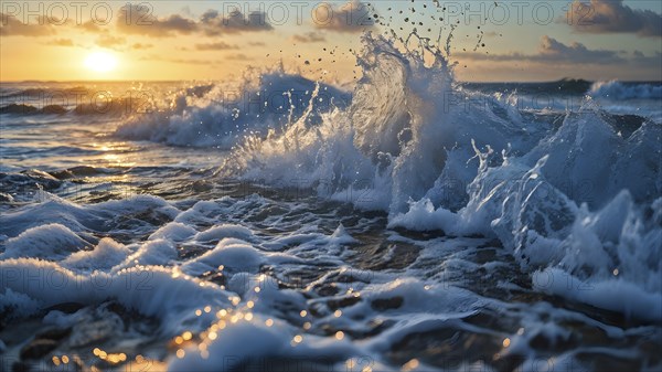 Ocean wave cresting with foam water glistening under sunlight, AI generated
