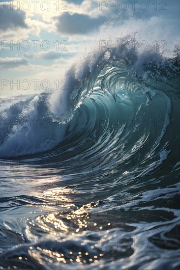 Ocean wave cresting with foam water glistening under sunlight, AI generated