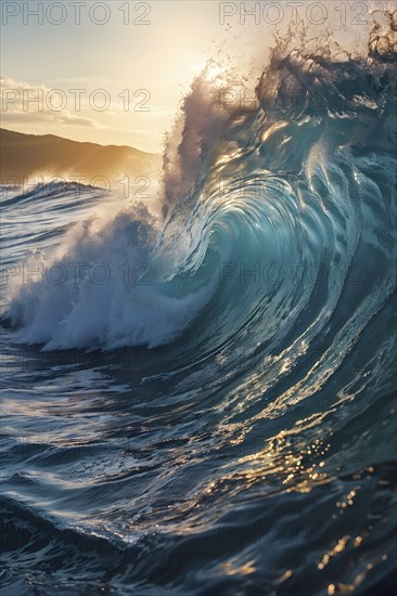 Ocean wave cresting with foam water glistening under sunlight, AI generated