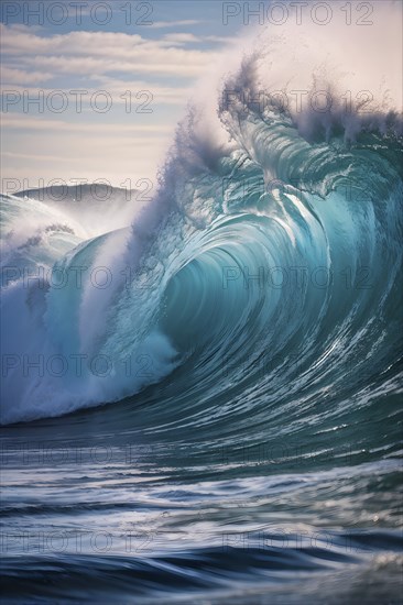 Ocean wave cresting with foam water glistening under sunlight, AI generated