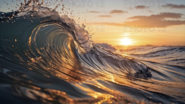 Ocean wave cresting with foam water glistening under sunlight, AI generated