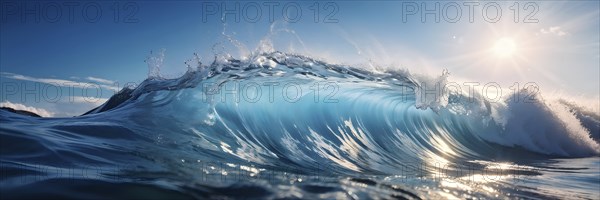 Ocean wave cresting with foam water glistening under sunlight, AI generated