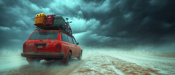 A station wagon loaded with luggage drives across a sandy landscape under a threatening stormy sky,