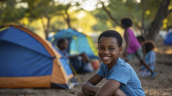A smiling child sitting near tents in a wooded campsite, with sunlight filtering through the trees,