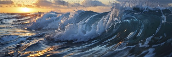Ocean wave cresting with foam water glistening under sunlight, AI generated