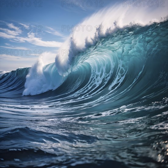 Ocean wave cresting with foam water glistening under sunlight, AI generated
