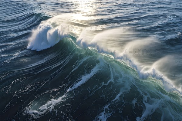 Aerial view of ocean wave cresting with foam water glistening under sunlight, AI generated