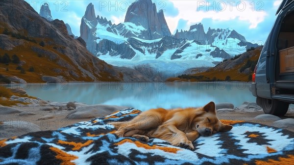 Dog lying on a blanket by a lake with snowy mountains in the background under fluffy clouds, AI