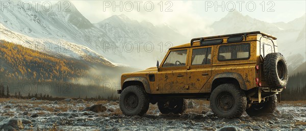Rusty yellow SUV in a wilderness setting with snowy mountains and an overcast sky, AI generated