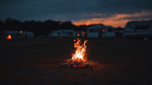 Campfire burning in an open field at dusk with caravans in the background and smoky sky, AI