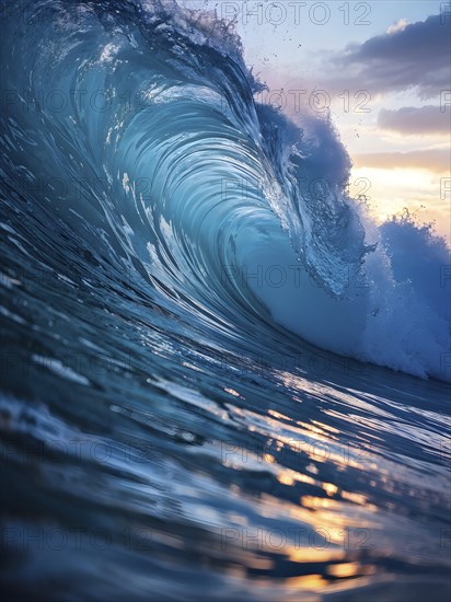 Ocean wave cresting with foam water glistening under sunlight, AI generated