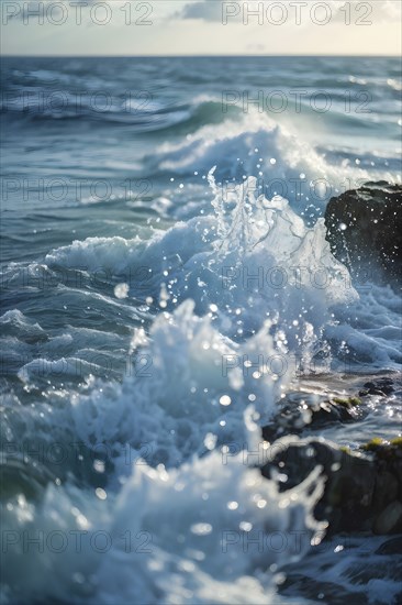 Ocean wave cresting with foam water glistening under sunlight, AI generated