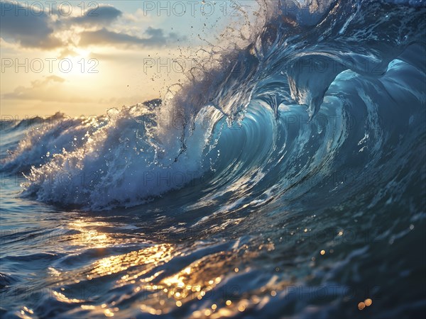 Ocean wave cresting with foam water glistening under sunlight, AI generated