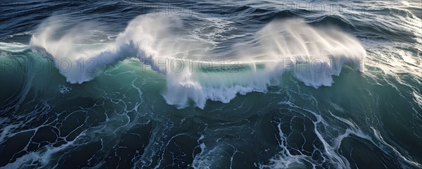 Aerial view of an cresting ocean wave unfolding its violent beauty, AI generated