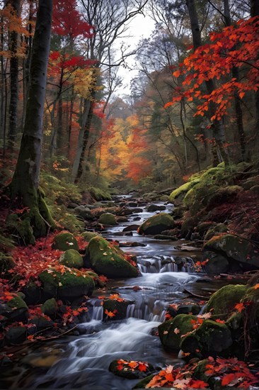 Autumn forest with leaves in varying shades of amber red and yellow in golden hour sunlight, AI