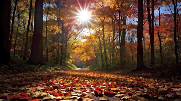 Autumn forest with leaves in varying shades of amber red and yellow in golden hour sunlight, AI